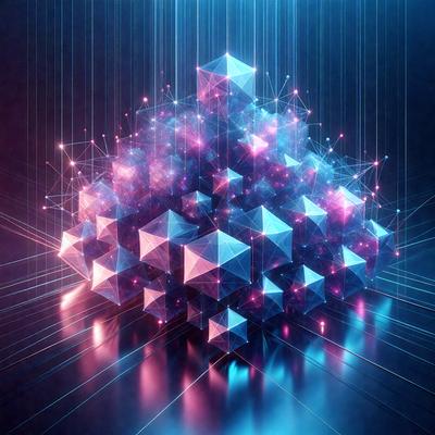 The primary subject of the image is a three-dimensional geometric structure, possibly a cube or a similar shape, with a blue and pink color scheme. The setting is a dark background, which contrasts with the bright colors of the geometric structure. The visual style of the image is digital art, as it appears to be a computer-generated or digitally rendered image. The colors and mood of the image are vibrant and energetic, with the blue and pink hues creating a sense of depth and dimension.